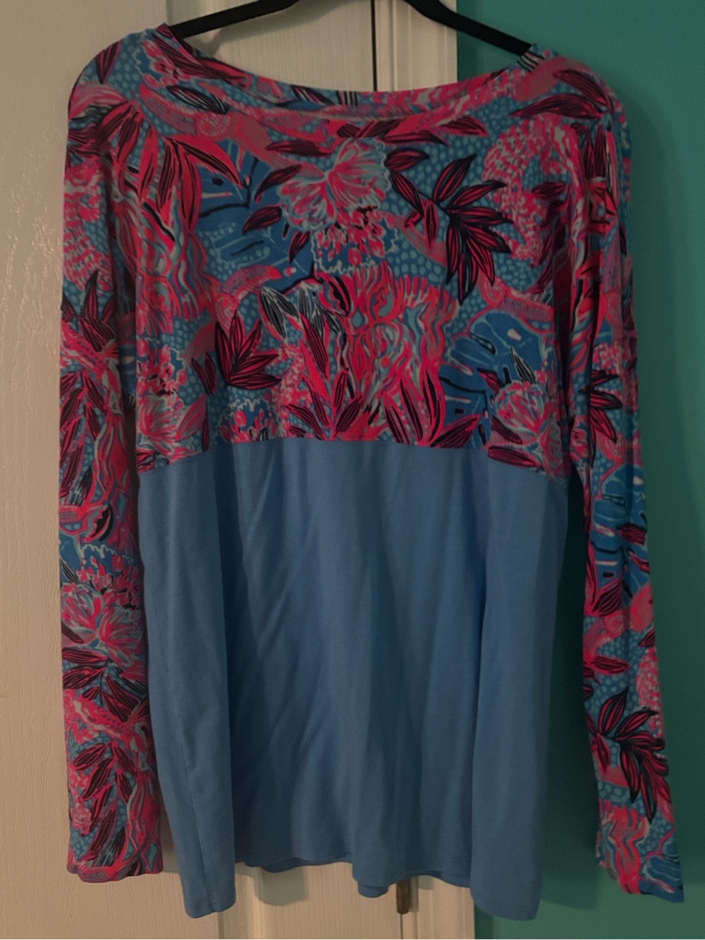 Lilly Pulitzer Blue and Pink Floral Long-Sleeve Women's Colorblock Top M